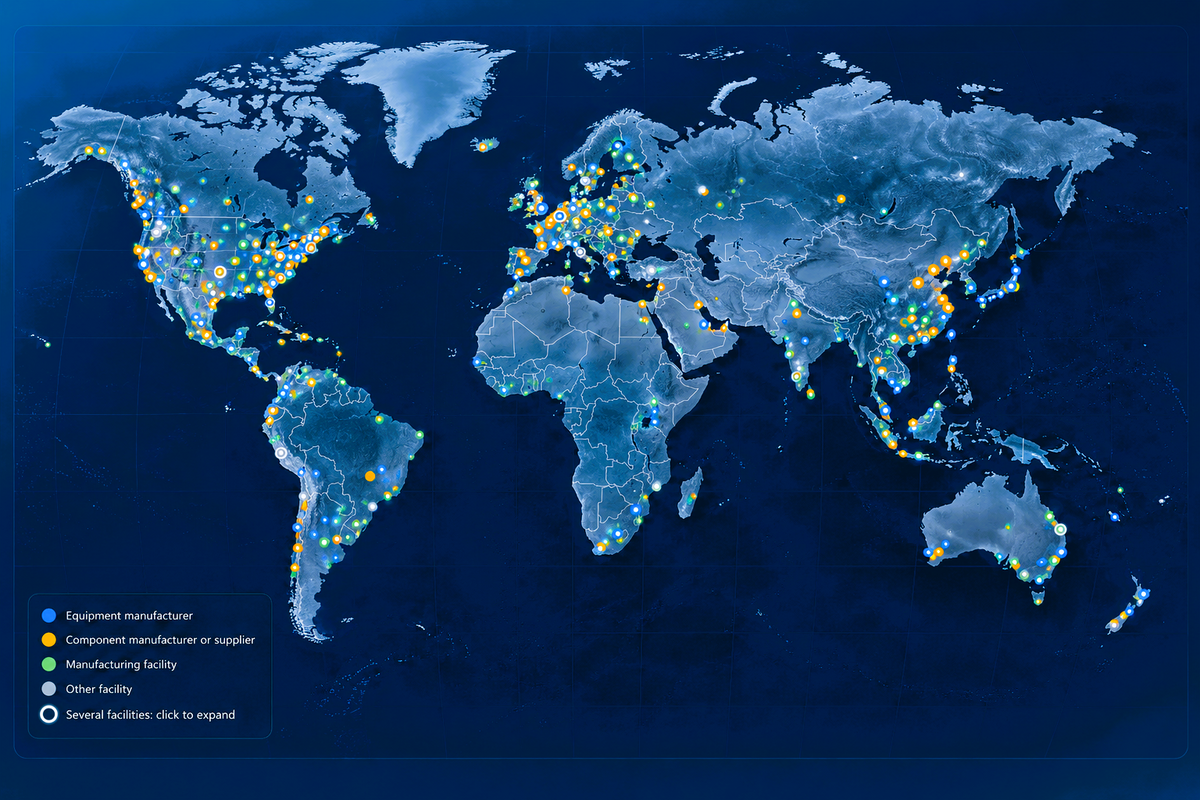 Illustrative CircularConnex global intelligence map showing example manufacturer and facility categories across world regions