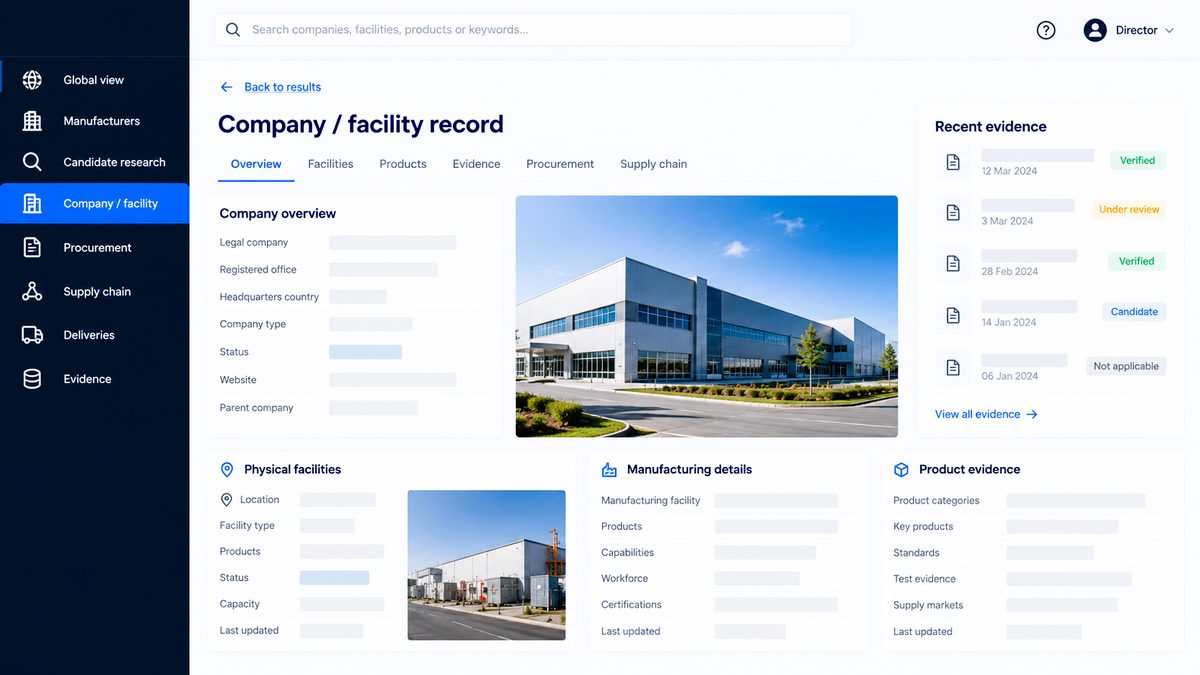 CircularConnex company and facility record interface showing company, facility, manufacturing and product evidence fields